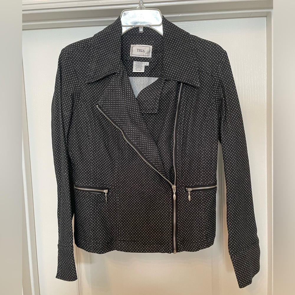 Tria Moto style microdot blazer jacket size Small- black and white. Zip front